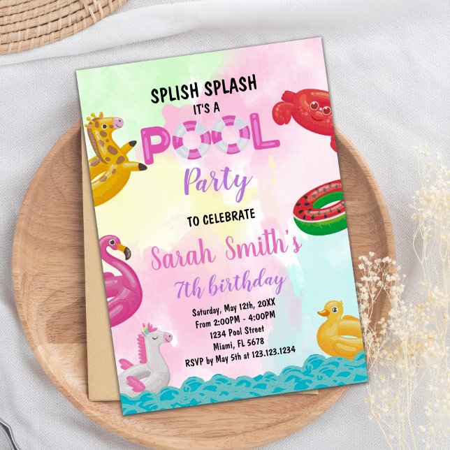 Editable Summer Swim Party Invite for Girls (Pink Pool Birthday Invitations)
