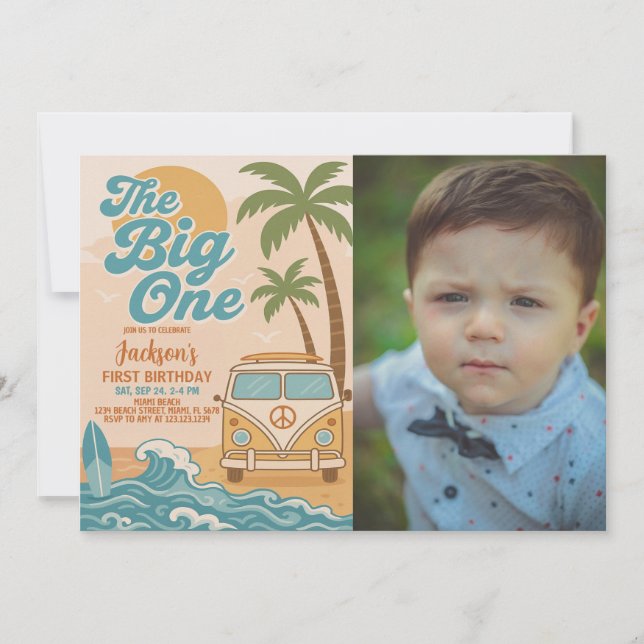 Editable Surfing The Big One Boy 1st Birthday Invitation (Front)