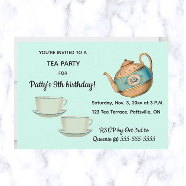 Editable Teapot and Teacups Birthday Tea Party Invitation (Creator Uploaded)