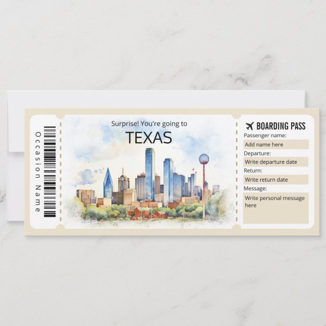 Editable Texas Plane ticket, Texas Trip Invitation (Front)