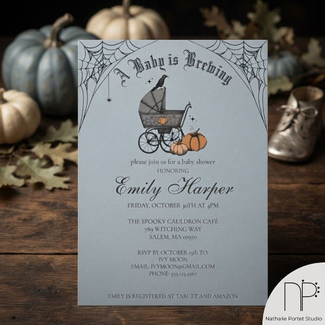 Editable Text A Baby is Brewing Baby Shower Invitation (Hand-drawn Halloween baby is brewing baby shower invitation in chic French blue with editable text.)