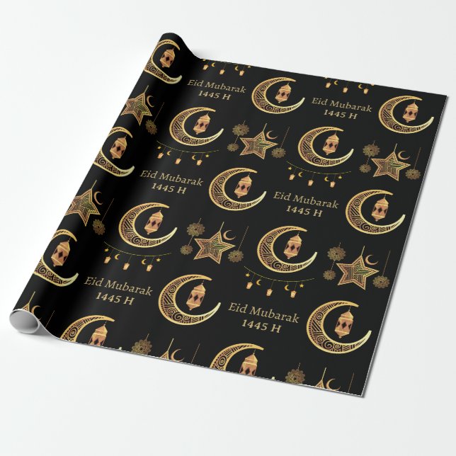 Editable Text Eid Al-Fitr Mubarak Black Islamic Wrapping Paper (Unrolled)