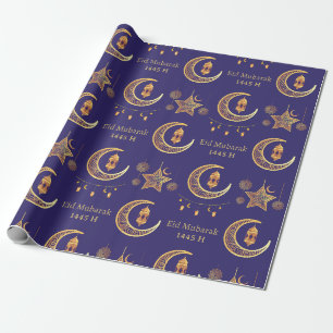 Editable Text Eid Al-Fitr Mubarak Dark Blue Wrapping Paper