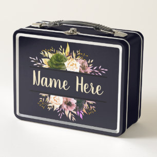 Editable Text Floral Metal Lunch Box