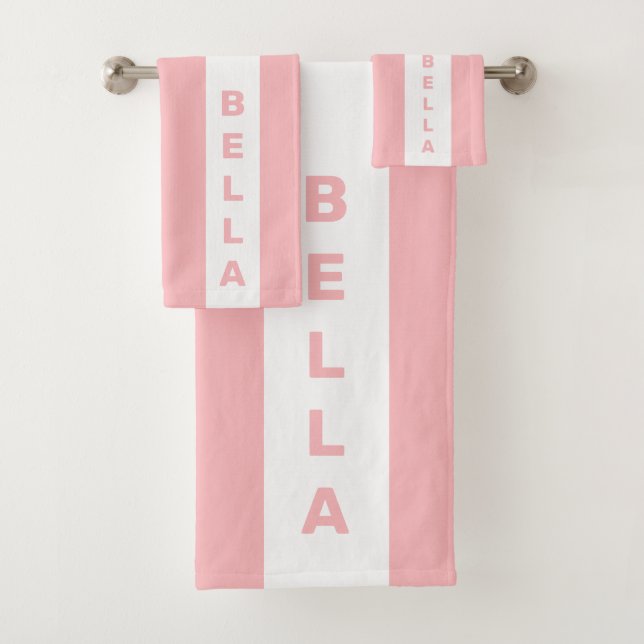 Editable Text on Light Pink and White Striped Bath Towel Set (Insitu)