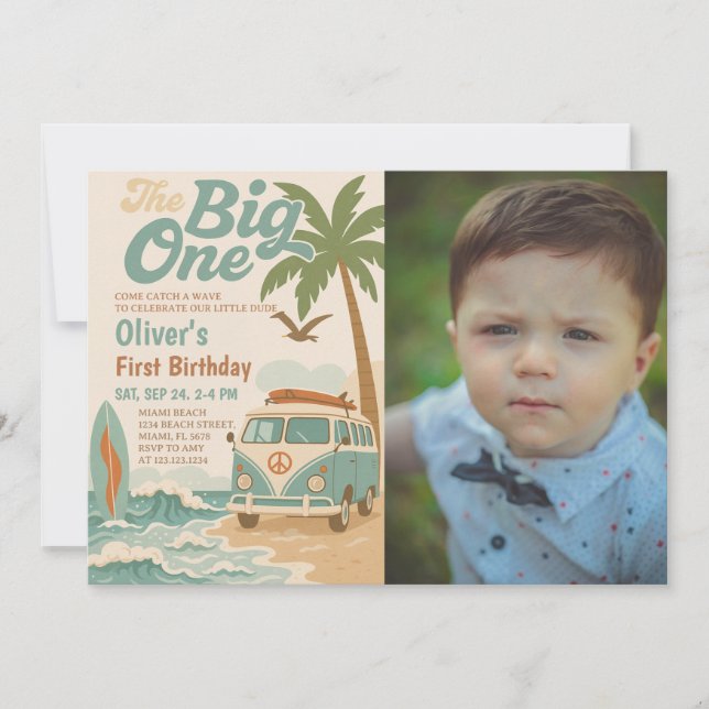 Editable The Big One Surfing 1st Birthday Invitation (Front)