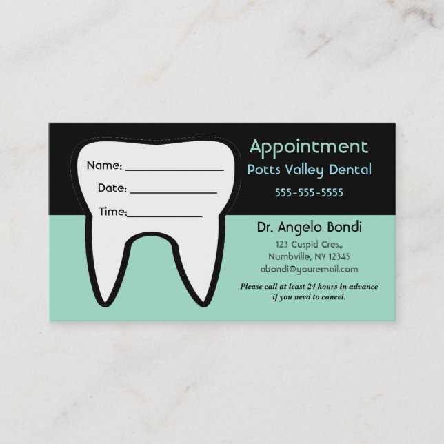 Editable Tooth Dental Appointment Business Card (Front)