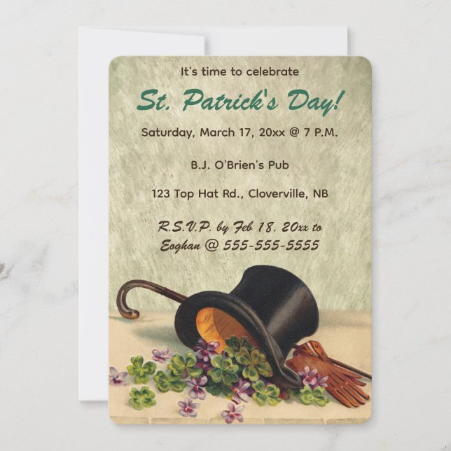 Editable Top Hat Cane and Clover St Patricks Day  Invitation (Front)