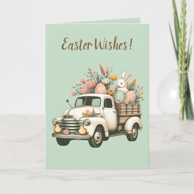 Editable Truck With Bunny Eggs and Flowers Easter Card (Front)