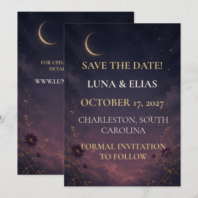 Editable Twilight Celestial Gothic Wedding Save th The Date (Front/Back)