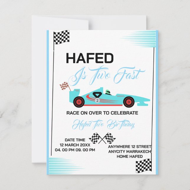 Editable TWO FAST birthday invitation, Race Car bi Invitation (Front)