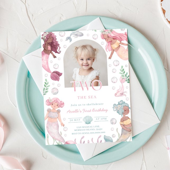 Editable Two The Sea Mermaid Invite Girl Printable (Watercolor Mermaid 2nd Birthday Invitation With Picture)