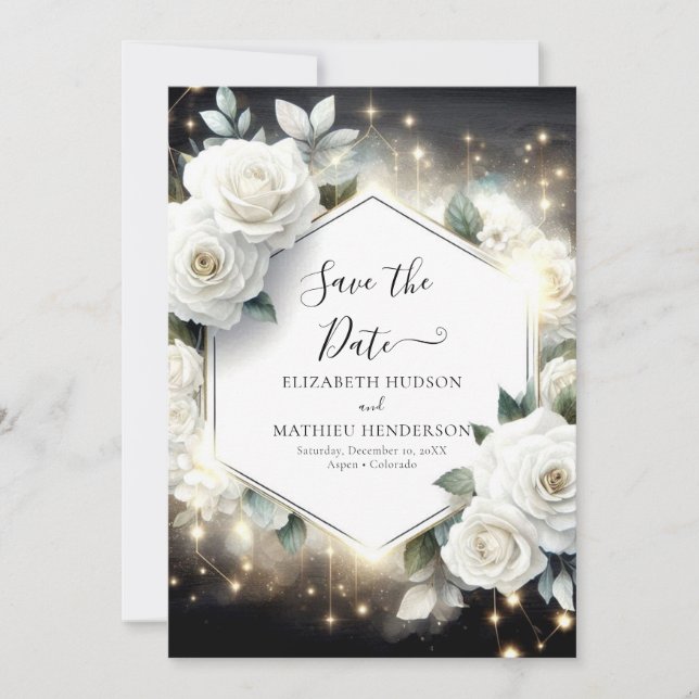 Editable Typography White Roses Wedding Save The Date (Front)