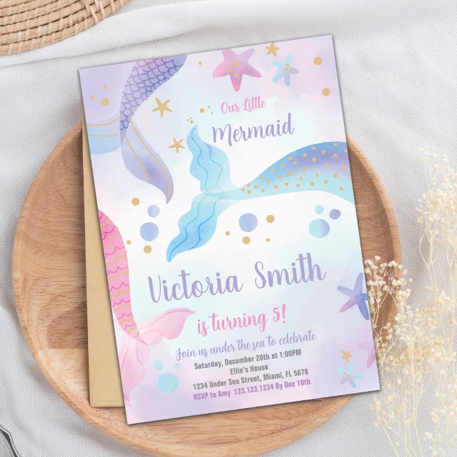 Editable Under the Sea Party Card for Girls (Mermaid Tails Birthday Invitation)