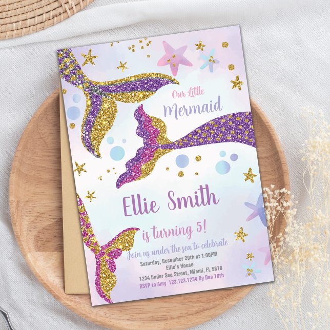 Editable Under the Sea Party Card with Rainbow (Mermaid Tails Glitter Birthday Invitation)