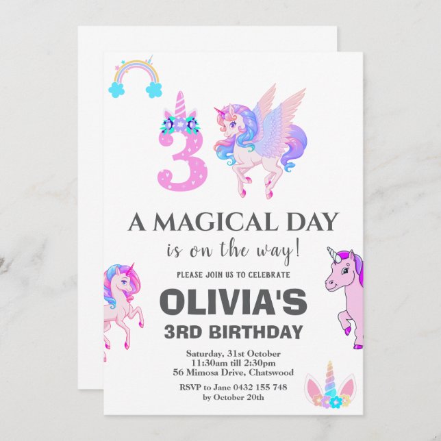 Editable Unicorn Birthday Party Invitation (Front/Back)