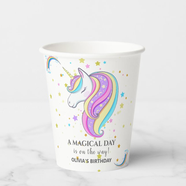 Editable Unicorn Birthday Party Paper Cups (Front)