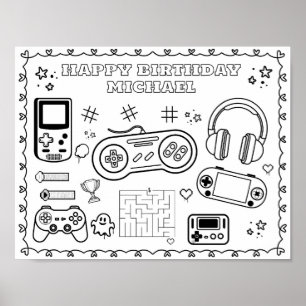 Editable video game Birthday colouring mat  Poster