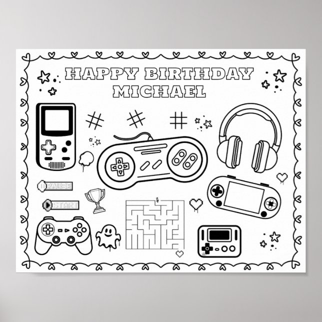 Editable video game Birthday colouring mat  Poster (Front)