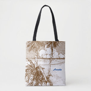 Editable Vintage Beach Etching in Brown Tote Bag