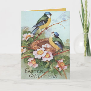 Editable Vintage Birds in a Nest Easter Greetings Card