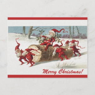 Editable Vintage Elves Moving Santa on a Log Postcard