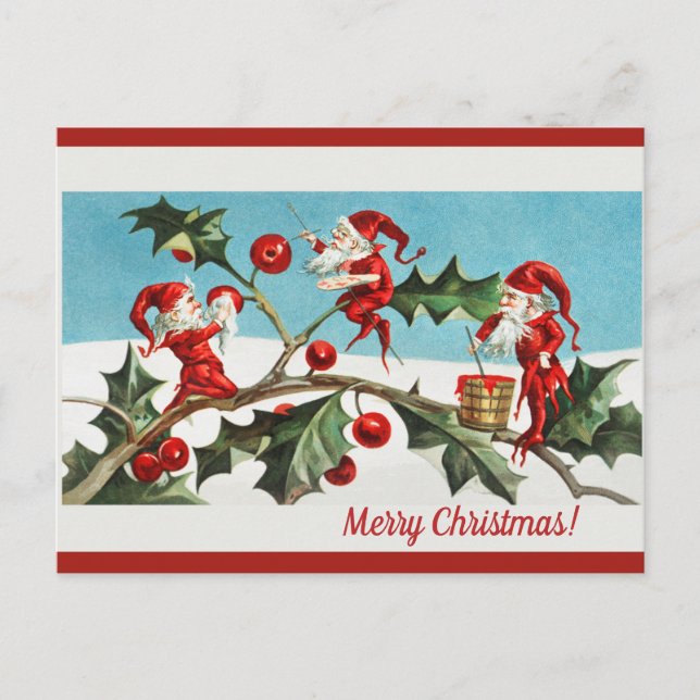 Editable Vintage Elves Painting Berries Christmas Postcard (Front)