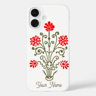 Editable Vintage Gold and Red Floral Etching iPhone 16 Case