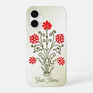 Editable Vintage Gold and Red Floral Etching iPhone 16 Case