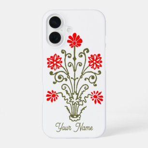 Editable Vintage Gold and Red Floral Etching iPhone 16 Case