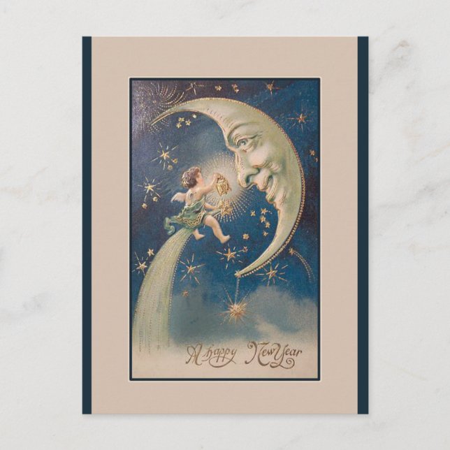 Editable Vintage New Moon New Year Greetings Postcard (Front)