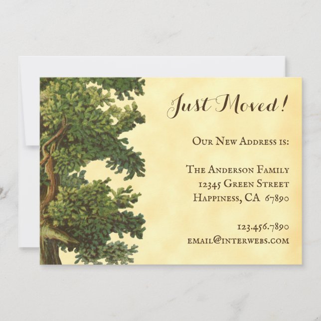 Editable Vintage Oak Tree Just Moved Note Card (Front)