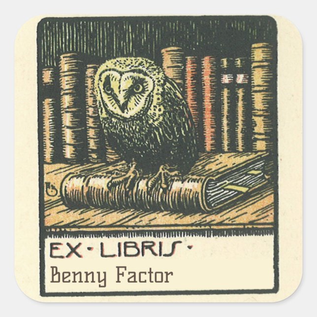 Editable Vintage Owl And Books Bookplate Square Sticker (Front)