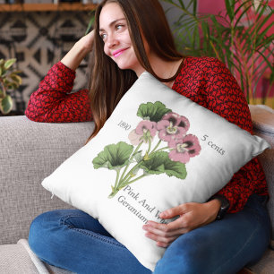 Editable Vintage Pink White Geranium Flower Cushion