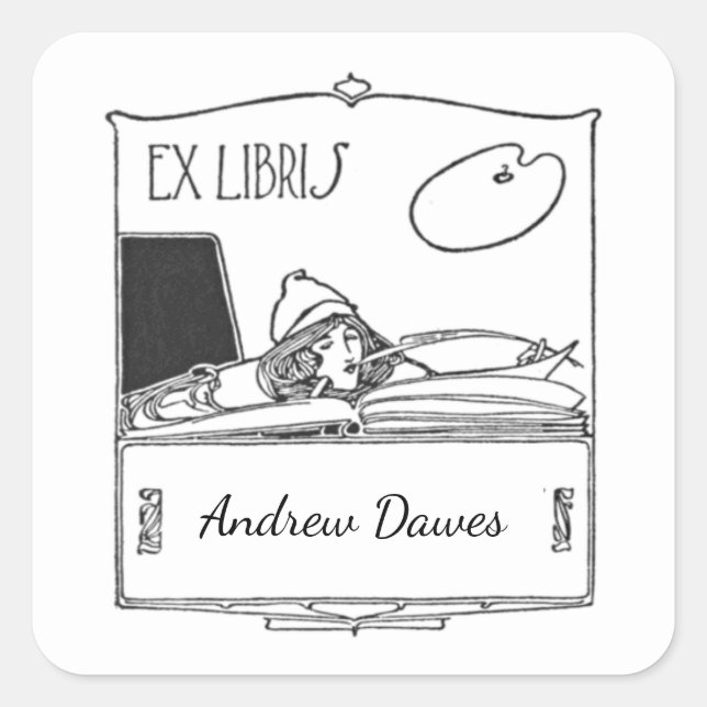 Editable Vintage Scribe Artist Bookplate Sticker (Front)