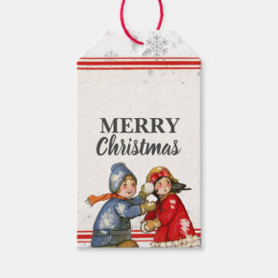Editable Vintage Snowball Children Christmas Gift Tags