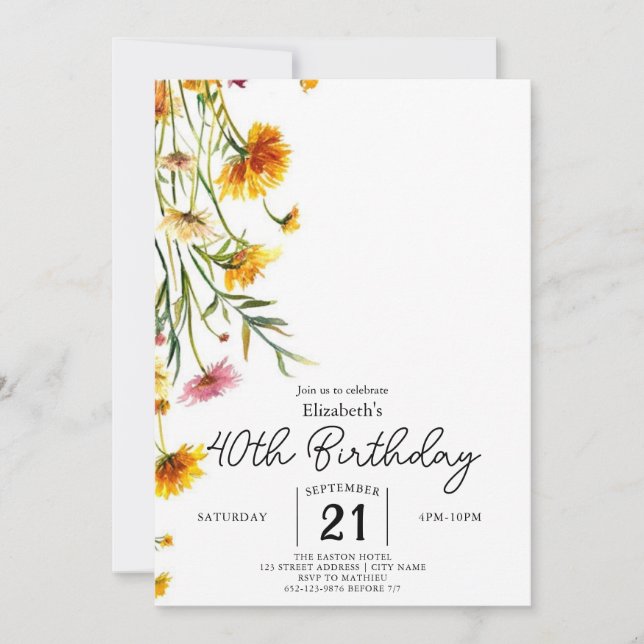 Editable Vintage Wildflowers 40th birthday Invitation (Front)