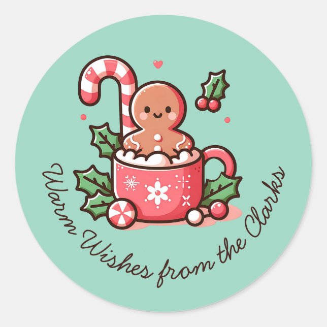 Editable Warm Wishes Gingerbread Cookie Classic Round Sticker (Front)