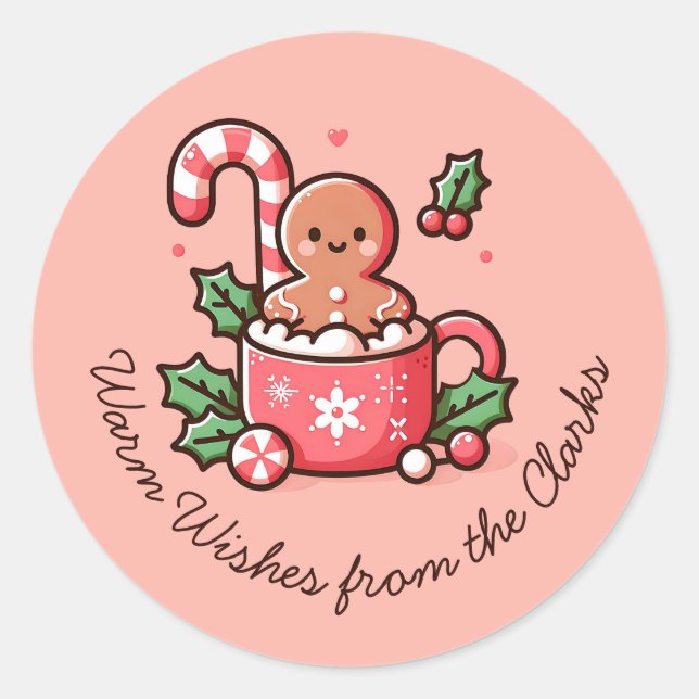 Editable Warm Wishes Gingerbread Cookie Classic Round Sticker (Front)