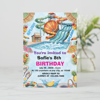 Editable Water Slide Birthday Splash Pool Party  Invitation
