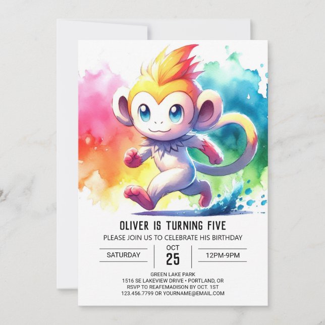 Editable Watercolor Monkey Birthday Invitation (Front)