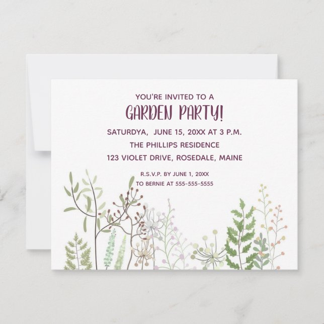 Editable Watercolour Garden Party Invitation Card (Front)