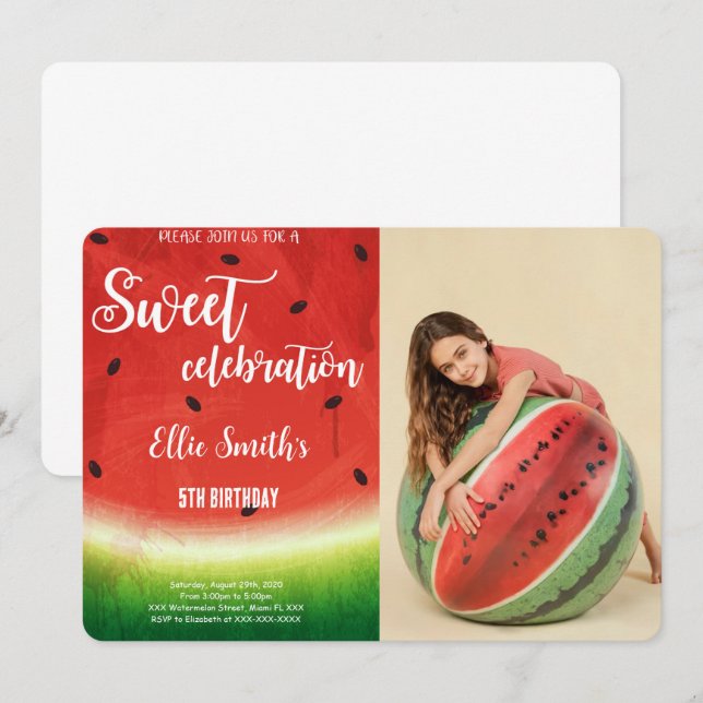 Editable Watermelon Birthday Photo Invitation (Front/Back)