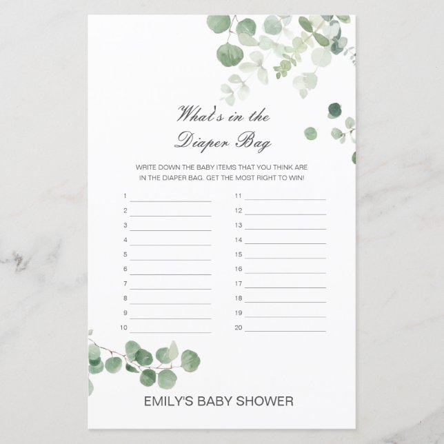 Editable What's in the Diaper Bag Baby Shower Game (Front)