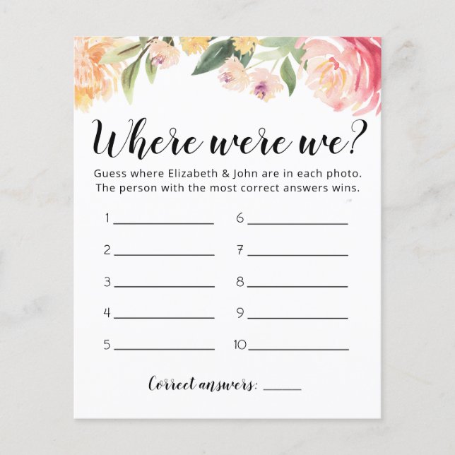 Editable Where Were We Bridal Shower game (Front)