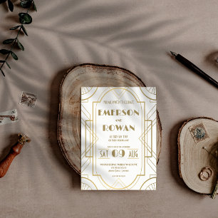 Editable White & Gold Art Deco Gatsby Roaring 20s Invitation