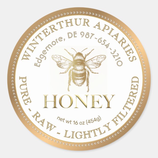 Editable White Honey Label Gold Border and Bee (Front)