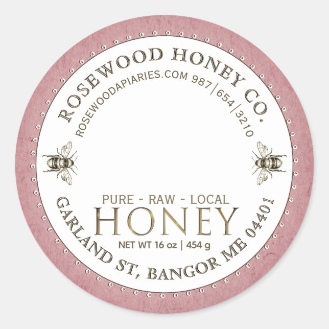 Editable White Rose Kraft Honey Jar Bee Label  (Front)