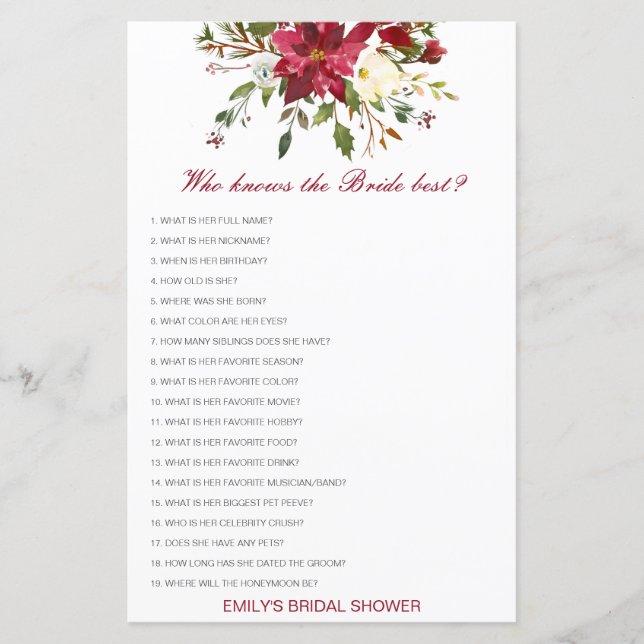 Editable Who Knows Bride Best Bridal Shower Game (Front)