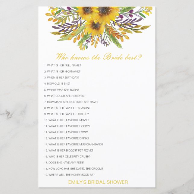 Editable Who Knows Bride Best Bridal Shower Game (Front)